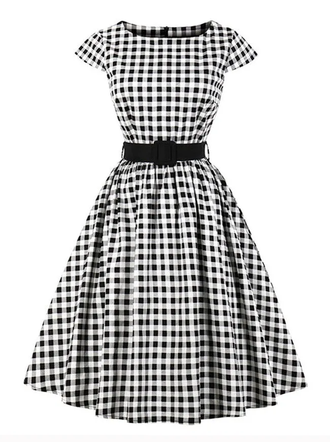 1950's Retro Rockabilly Prom Plaid Print Dress With Blet