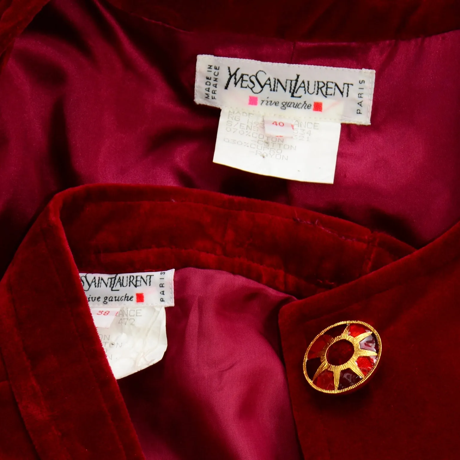 1990s Yves Saint Laurent Red Velvet Skirt Suit w Open Jacket