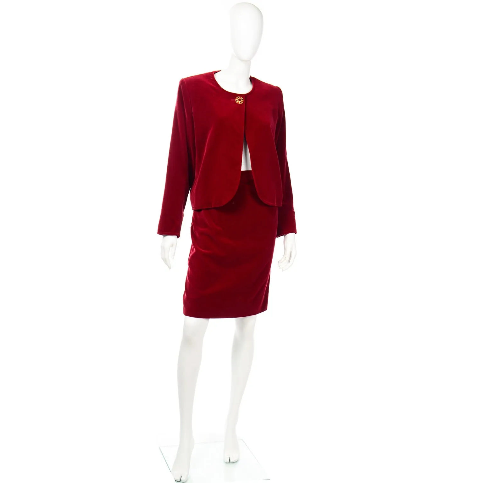 1990s Yves Saint Laurent Red Velvet Skirt Suit w Open Jacket