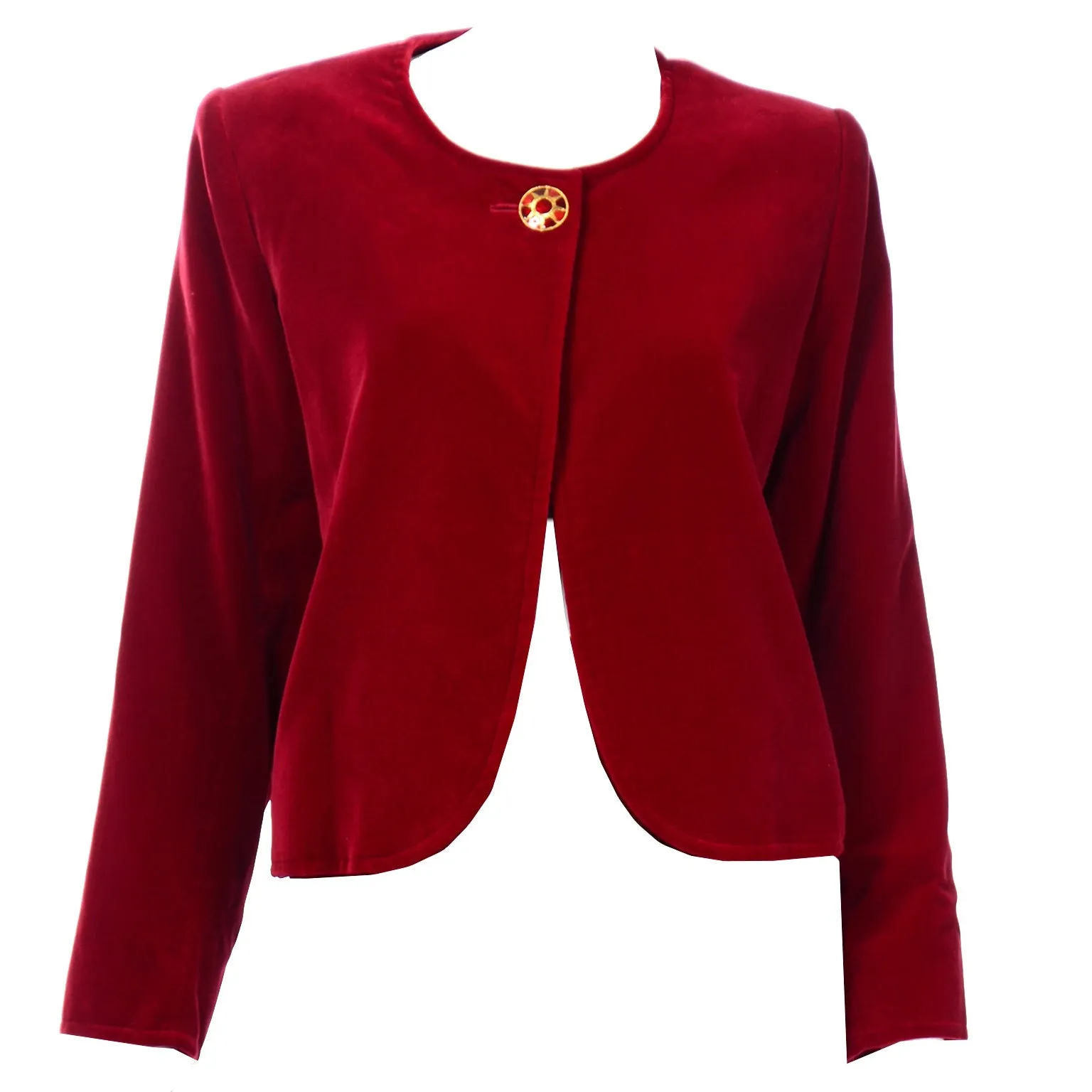 1990s Yves Saint Laurent Red Velvet Skirt Suit w Open Jacket