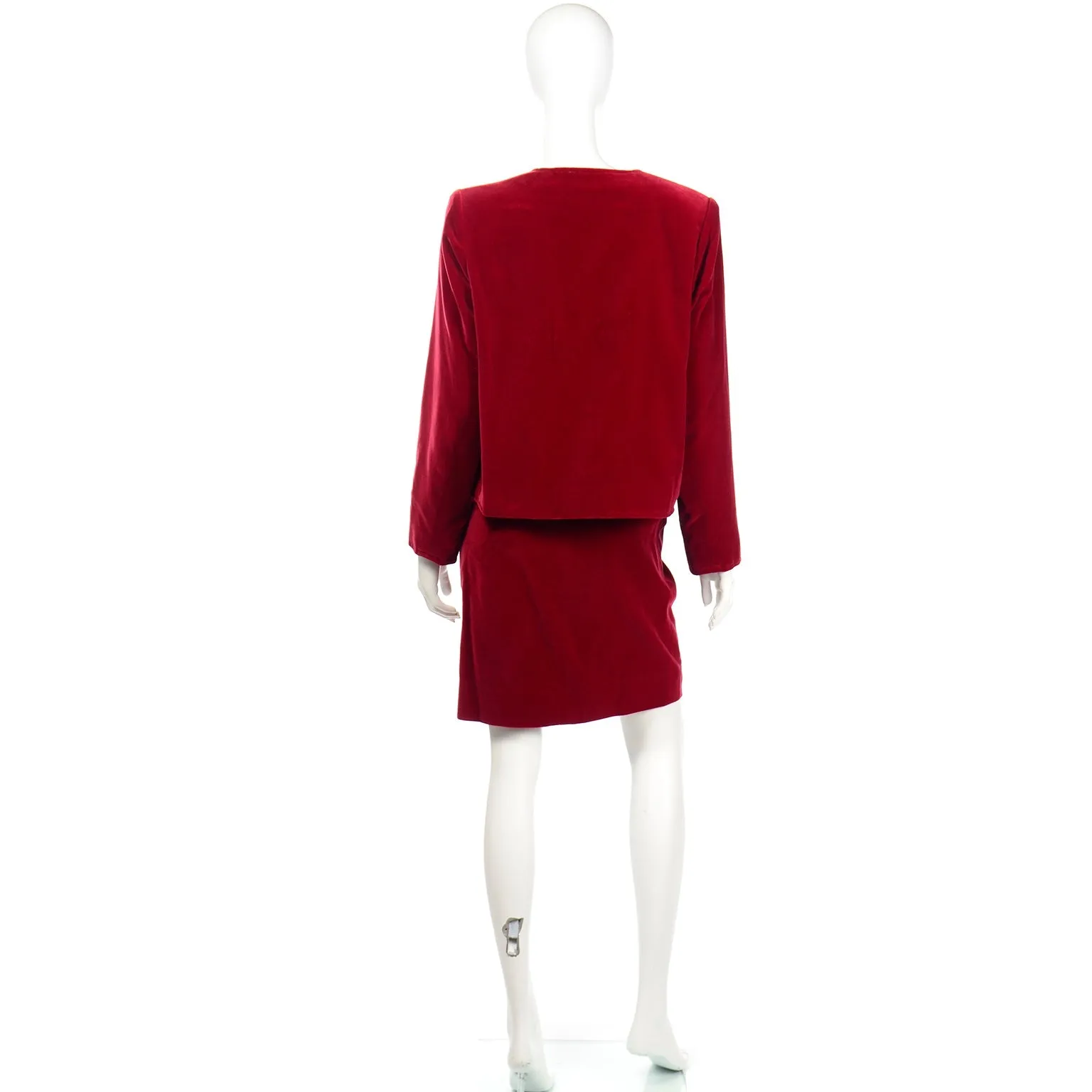 1990s Yves Saint Laurent Red Velvet Skirt Suit w Open Jacket