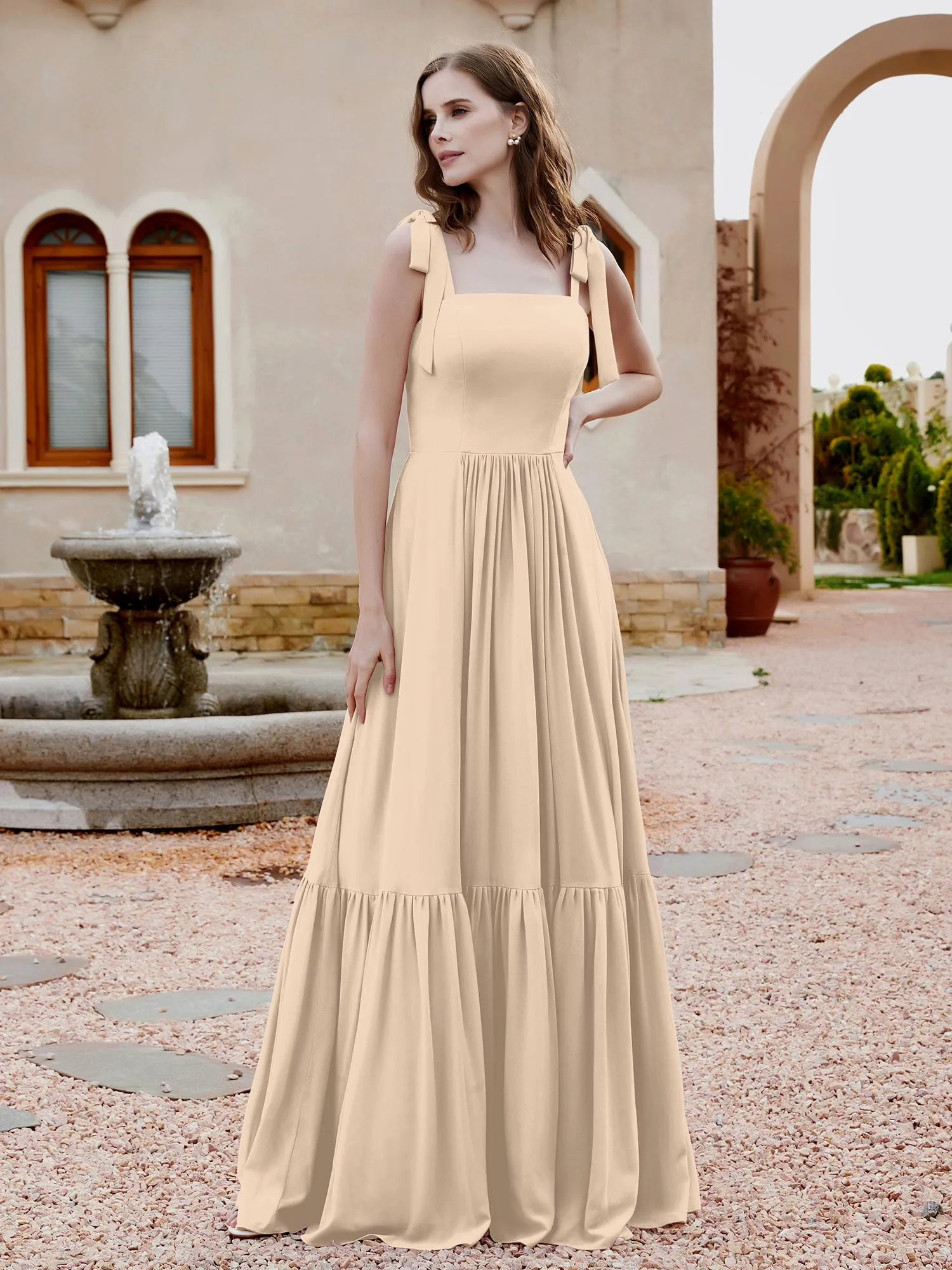 A-Line Bow Ruffle Sleeveless Chiffon Dress Champagne Plus Size