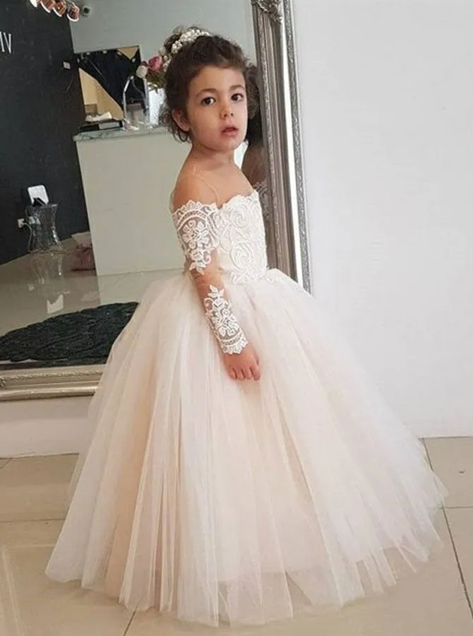 A-line Round Neck Long Sleeves Lace Tulle Flower Girl Dresses, FG0136