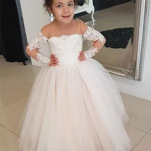 A-line Round Neck Long Sleeves Lace Tulle Flower Girl Dresses, FG0136