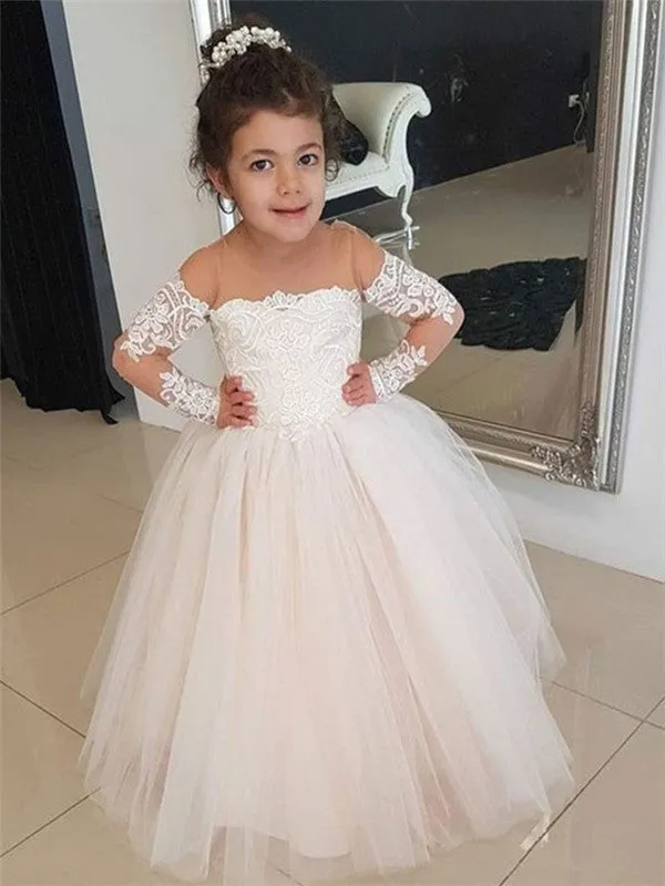 A-line Round Neck Long Sleeves Lace Tulle Flower Girl Dresses, FG0136