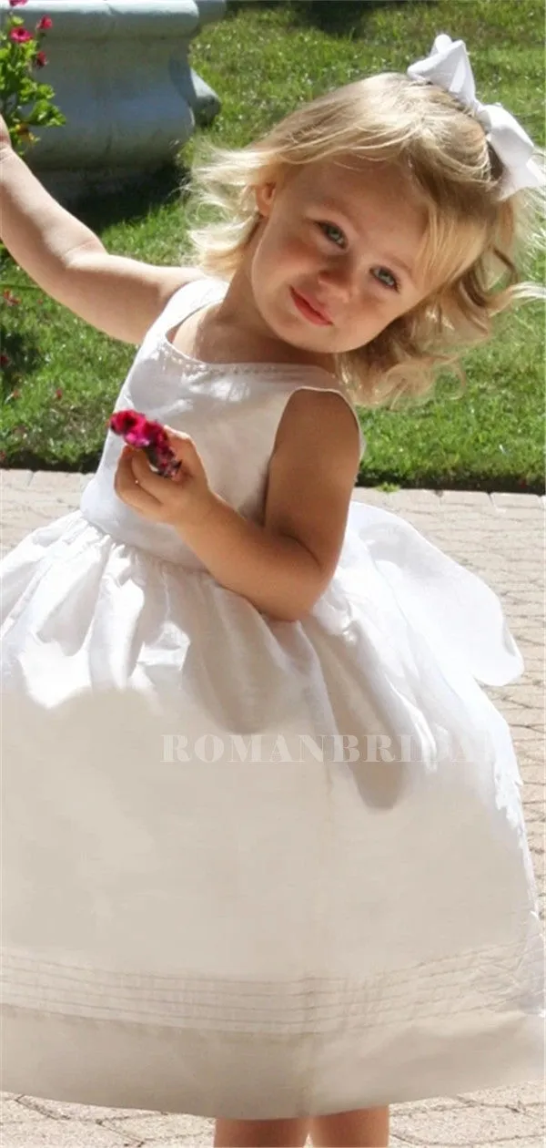 A-line Round Neck V-back Sleeveless Satin Flower Girl Dresses, FG0156