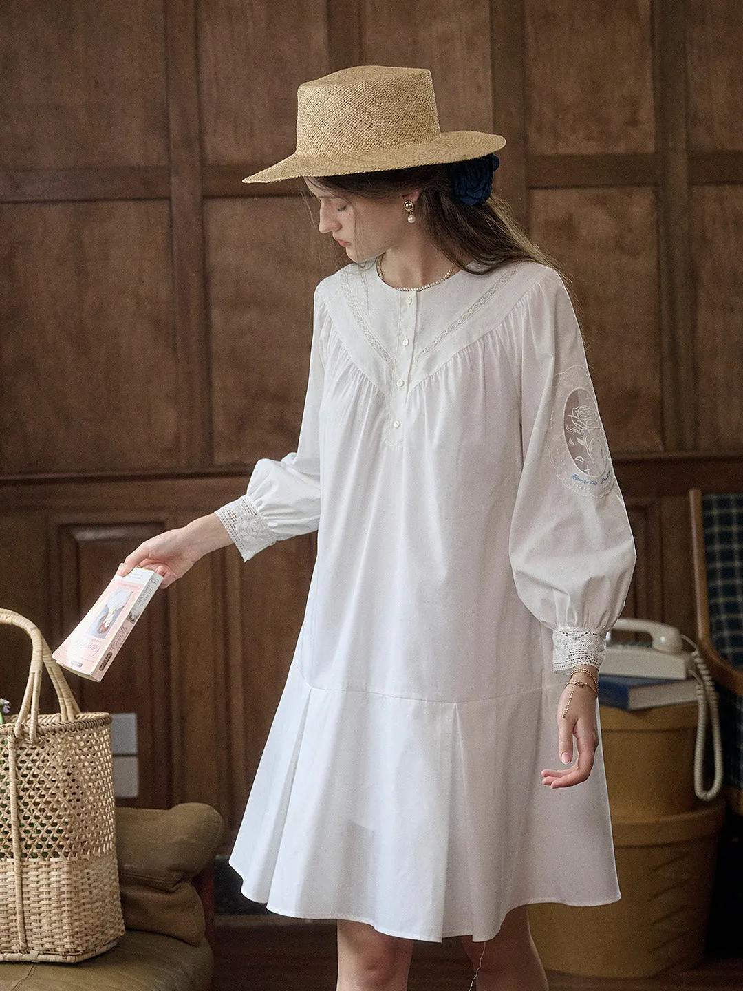 Ailani Classic Round Neck Hollow Embroidery Lantern Sleeve Cotton Dress