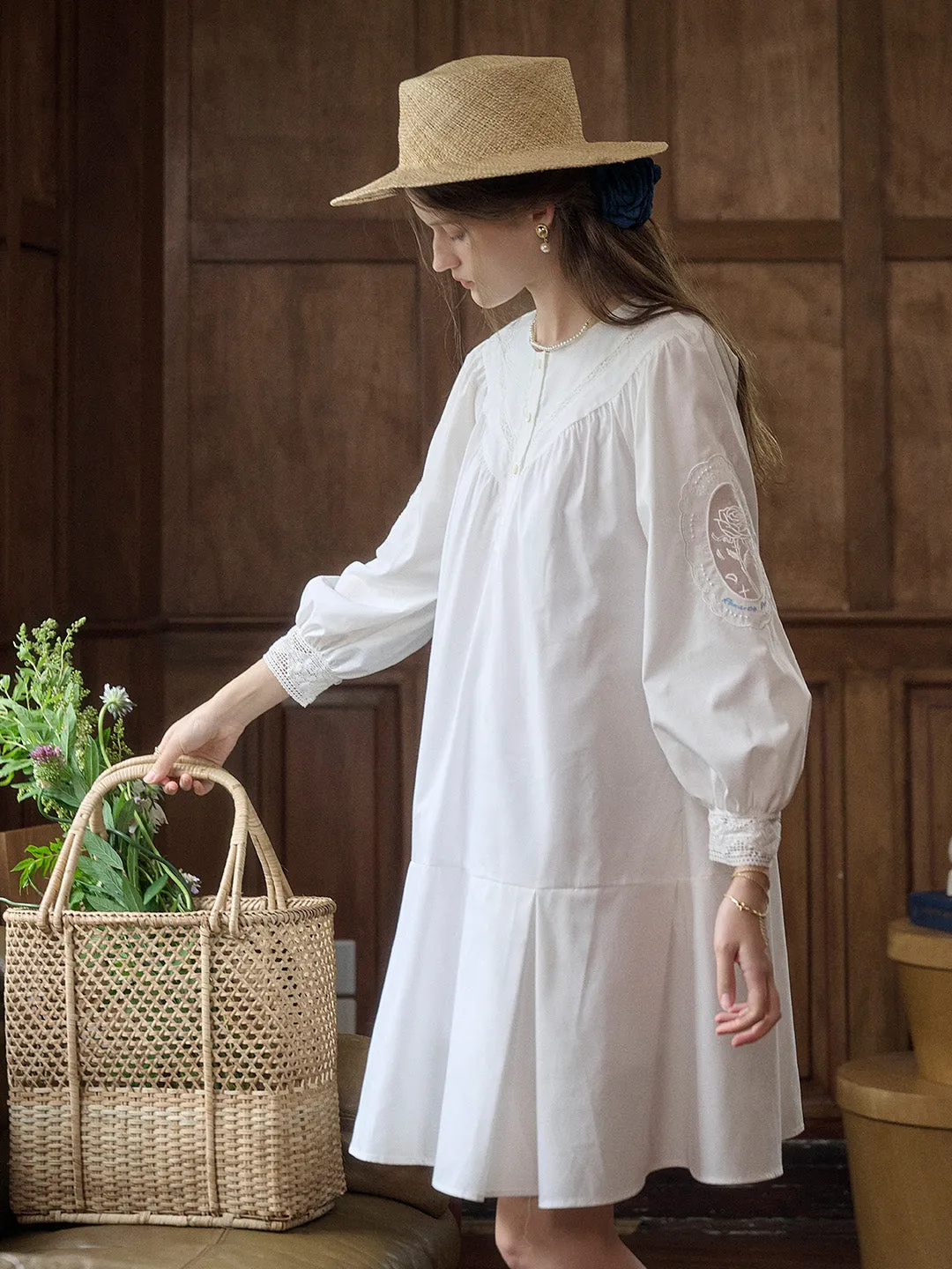 Ailani Classic Round Neck Hollow Embroidery Lantern Sleeve Cotton Dress