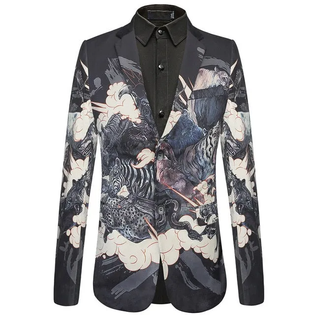 Animal Printed Pattern Slim Fit Design Men Velvet Blazer