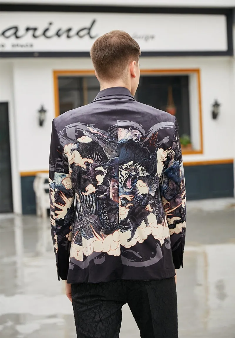 Animal Printed Pattern Slim Fit Design Men Velvet Blazer