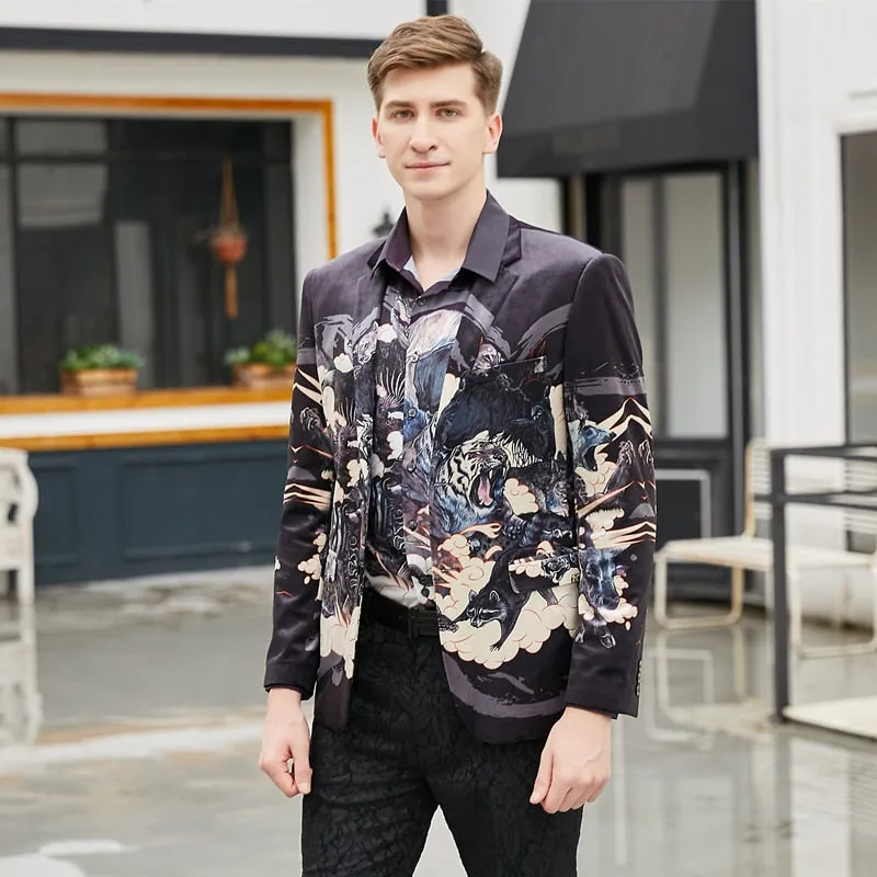 Animal Printed Pattern Slim Fit Design Men Velvet Blazer