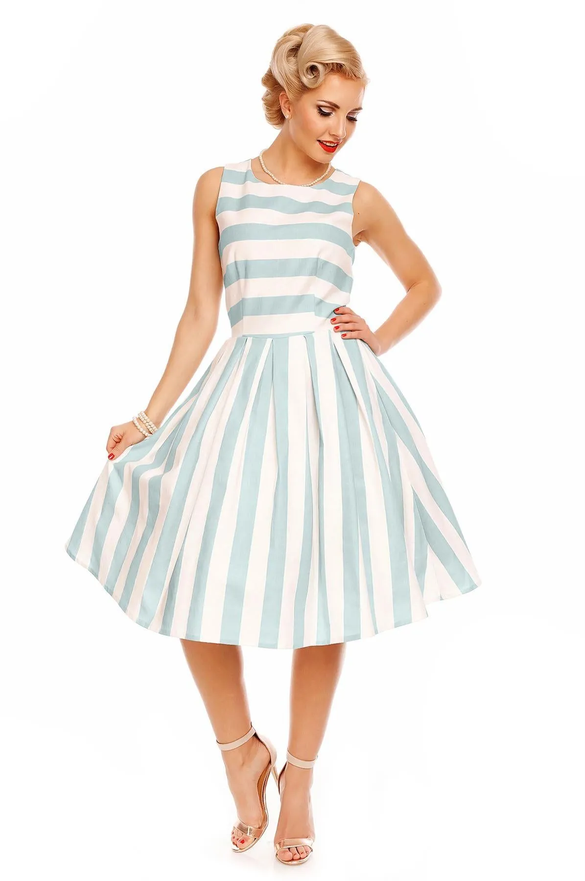 Annie Retro Striped Swing Dress in Baby Blue