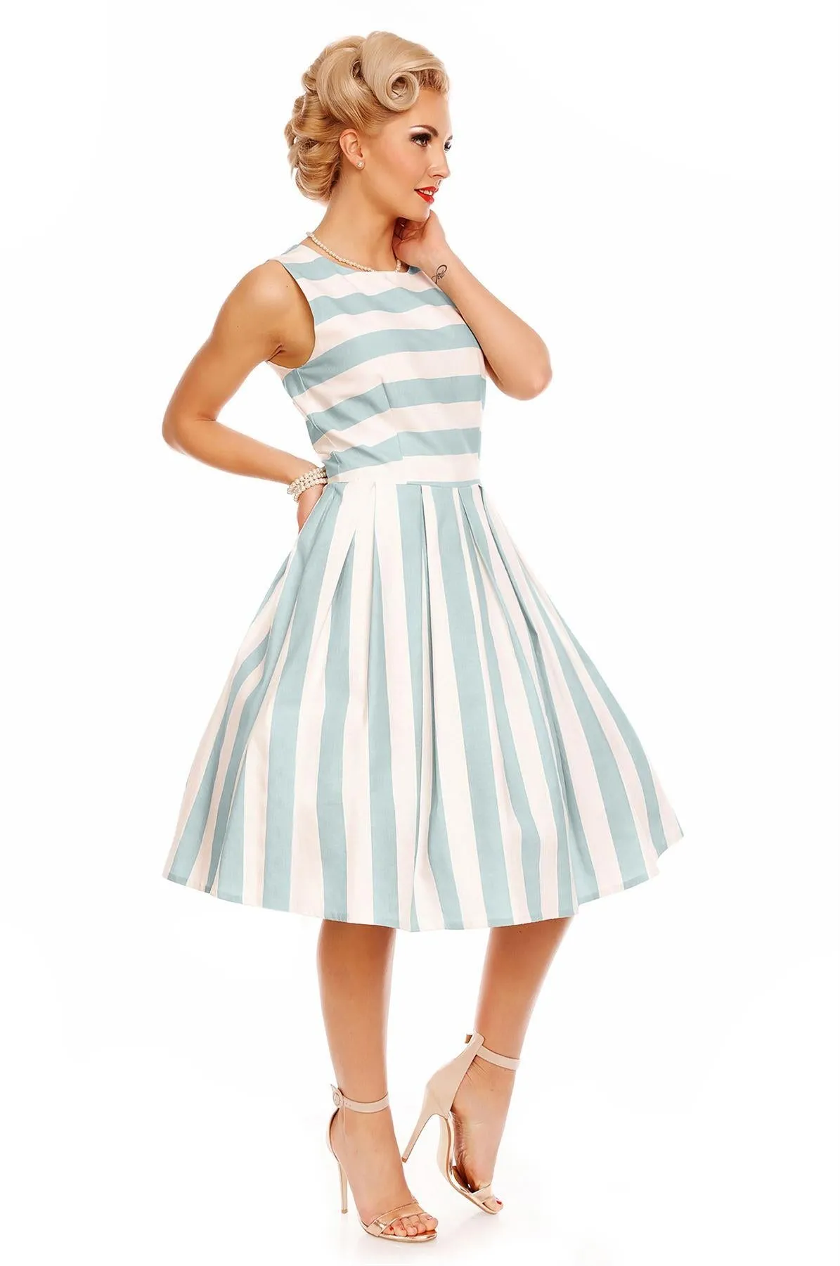 Annie Retro Striped Swing Dress in Baby Blue