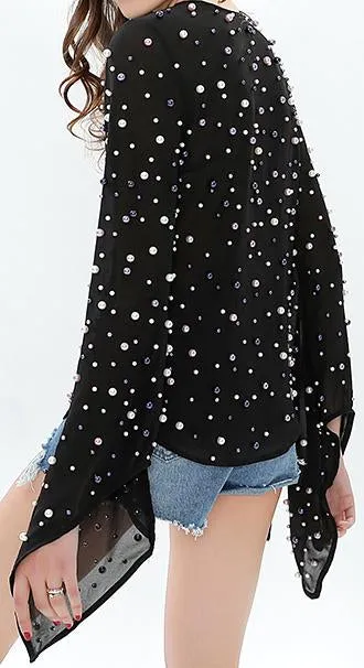 Bead-Embellished Chiffon Blouse - Black or White