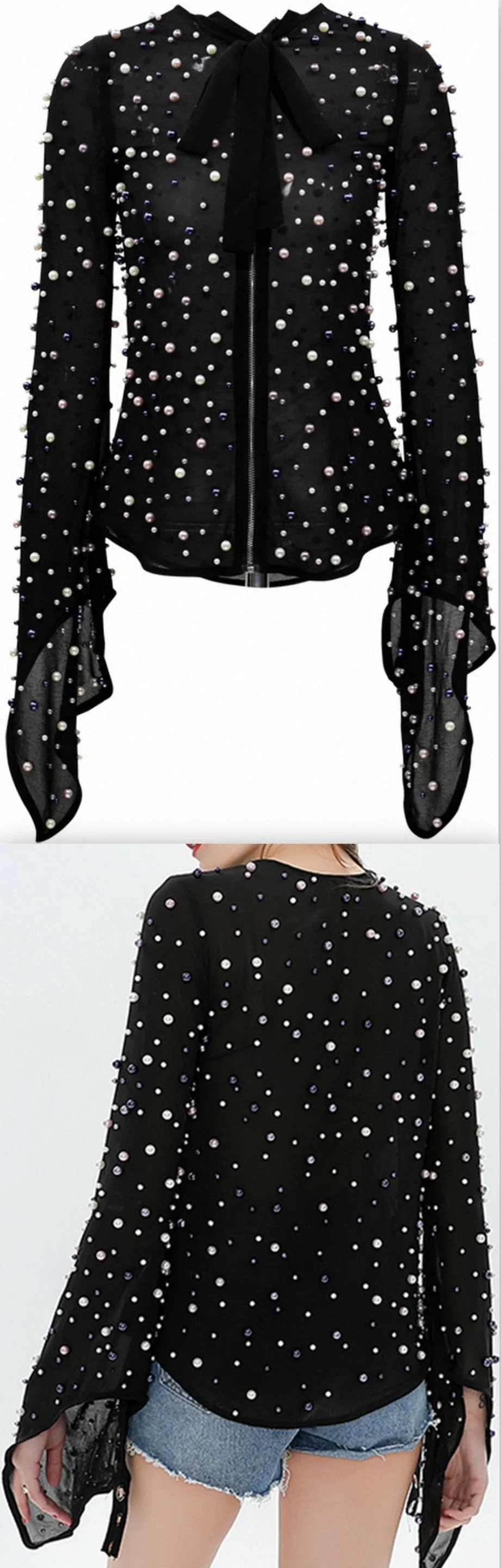 Bead-Embellished Chiffon Blouse - Black or White