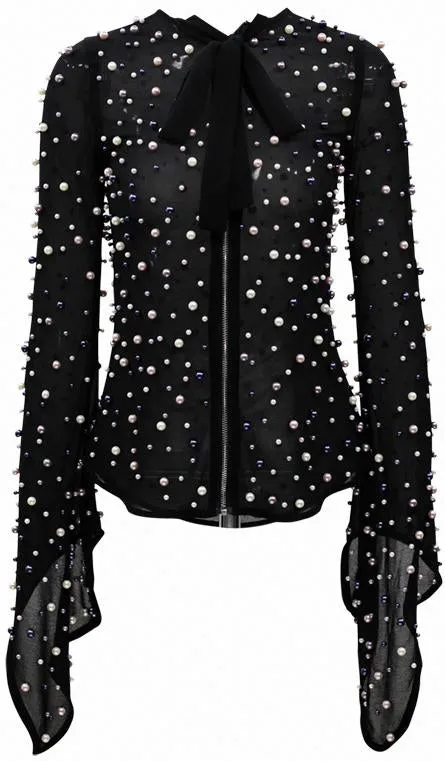 Bead-Embellished Chiffon Blouse - Black or White