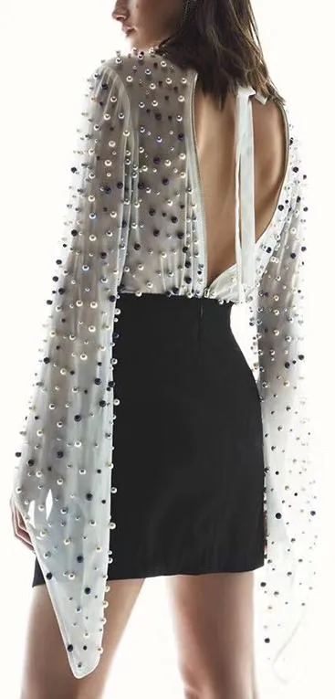 Bead-Embellished Chiffon Blouse - Black or White