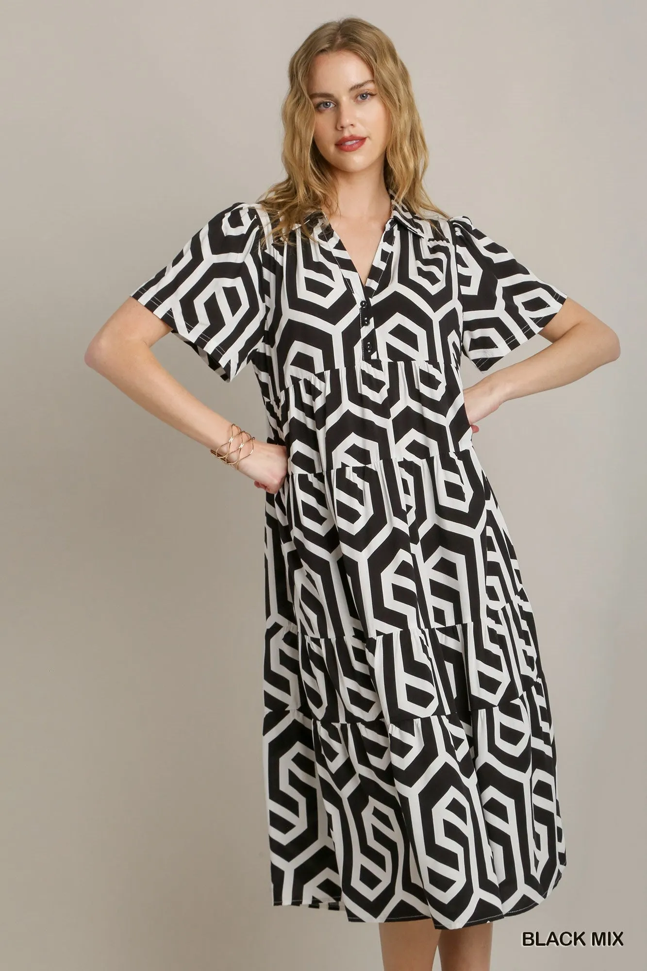 Black & White Geometric Print Midi Dress