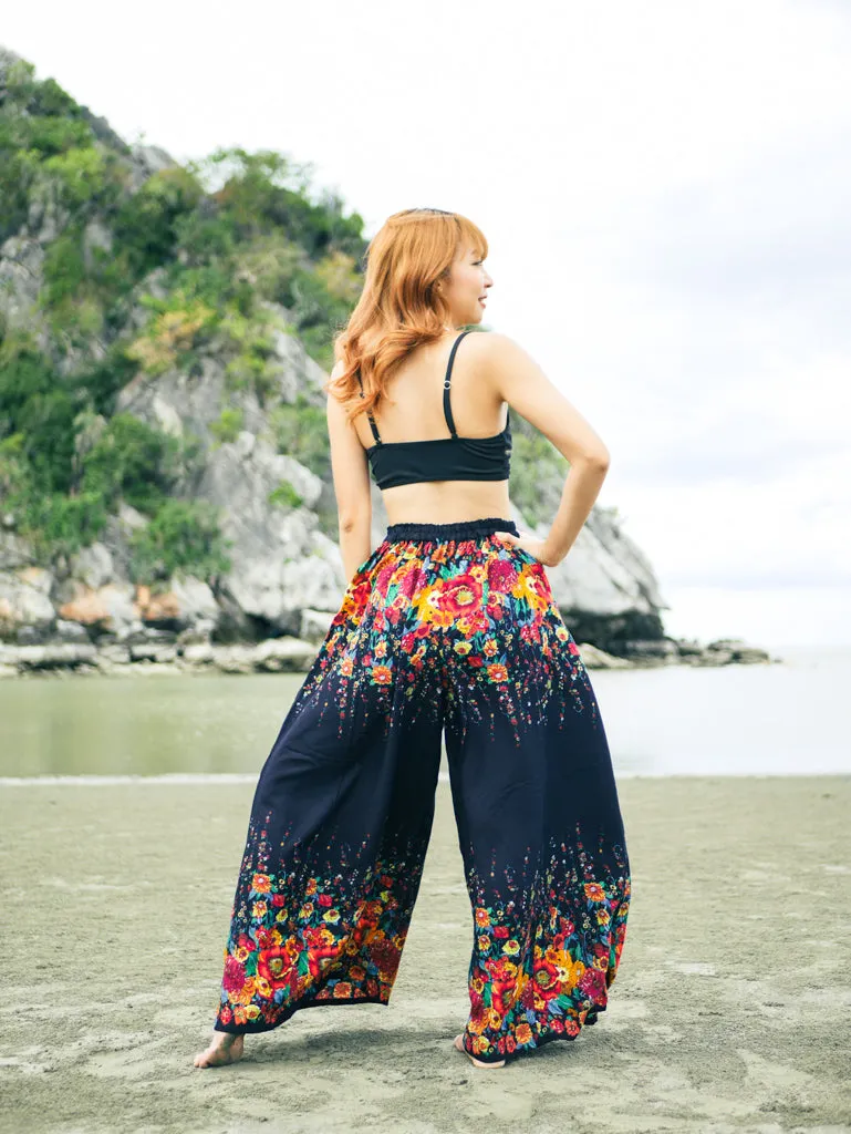 Black Florals Wide Leg Palazzo Pants