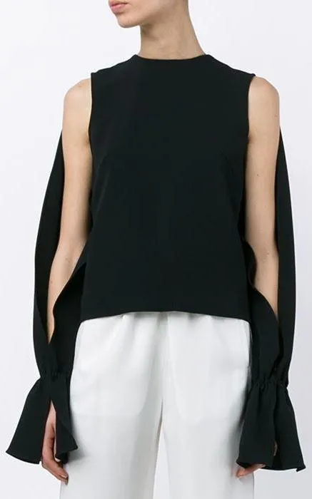 Black Split-Sleeve Flared-Cuff Top