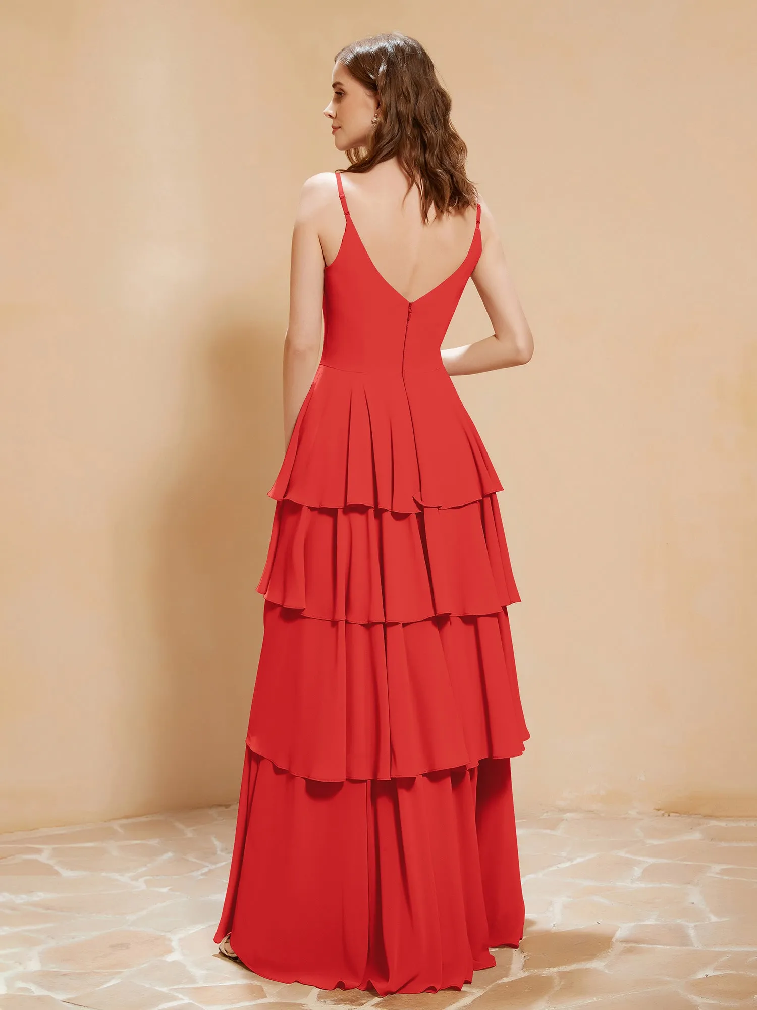 Boho V-neck Floor-length Dress Flowy Ruffles Red