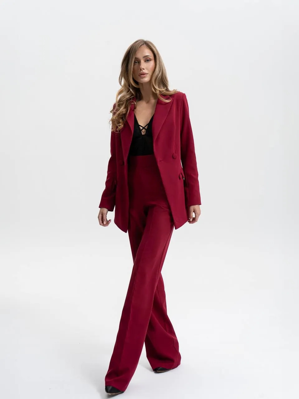 Burgundy suit "Long leg belted"