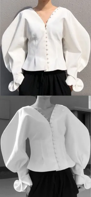 Button-Front Balloon-Sleeve Blouse