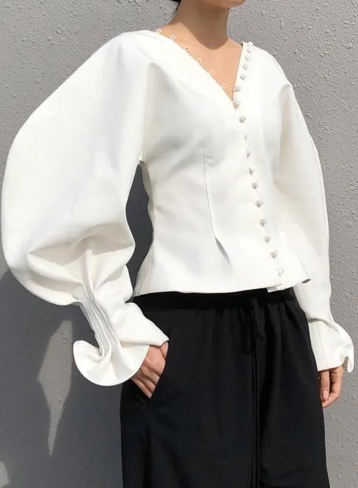 Button-Front Balloon-Sleeve Blouse