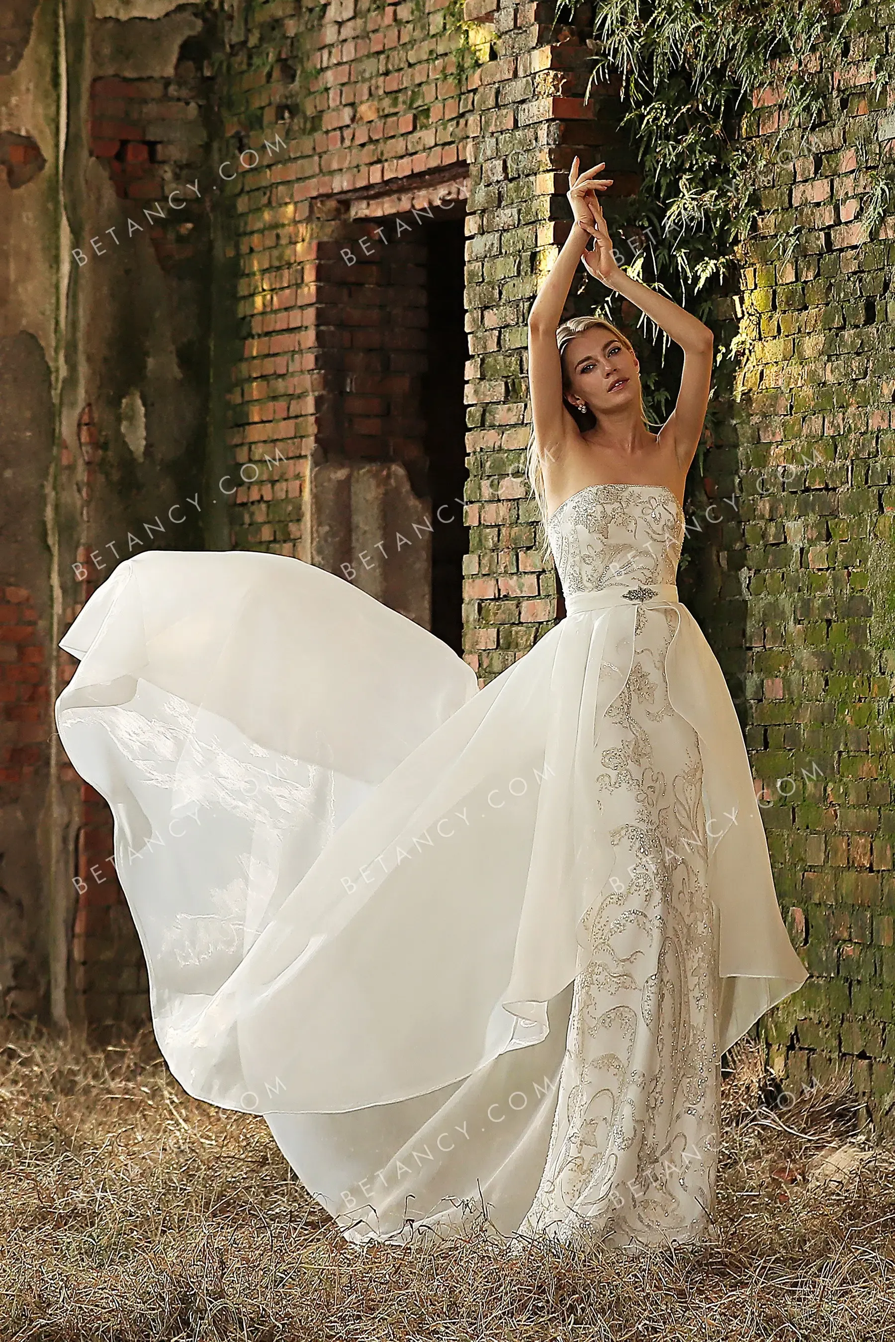 Champagne Beadwork Ivory Organza Overskirt Bridal Gown