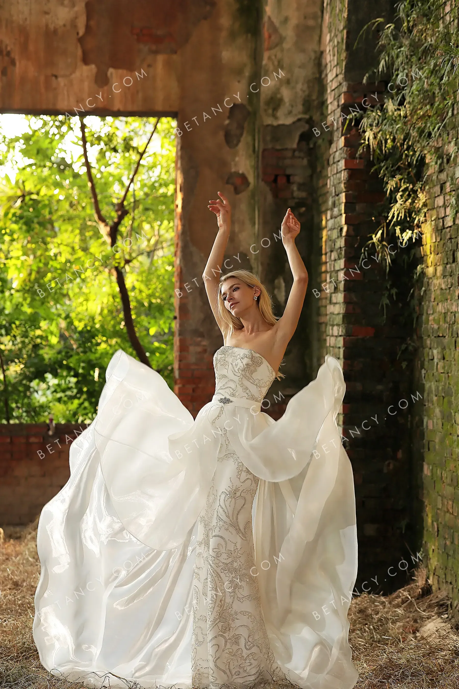 Champagne Beadwork Ivory Organza Overskirt Bridal Gown