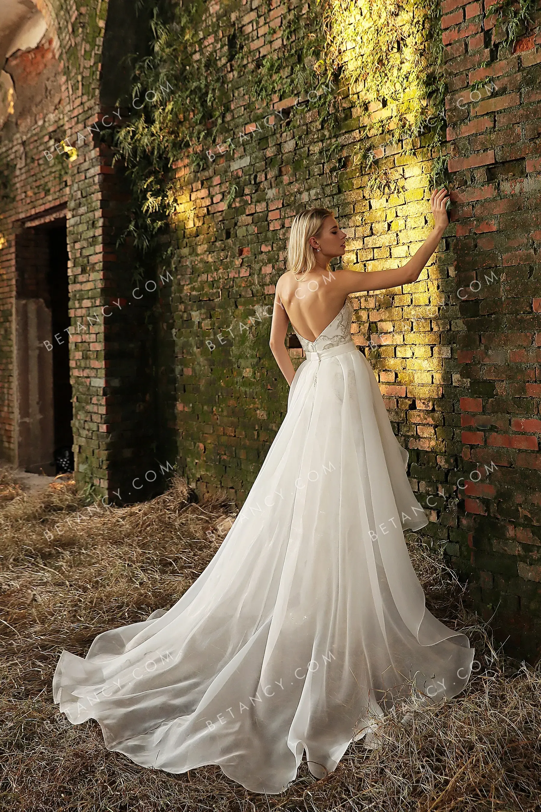 Champagne Beadwork Ivory Organza Overskirt Bridal Gown