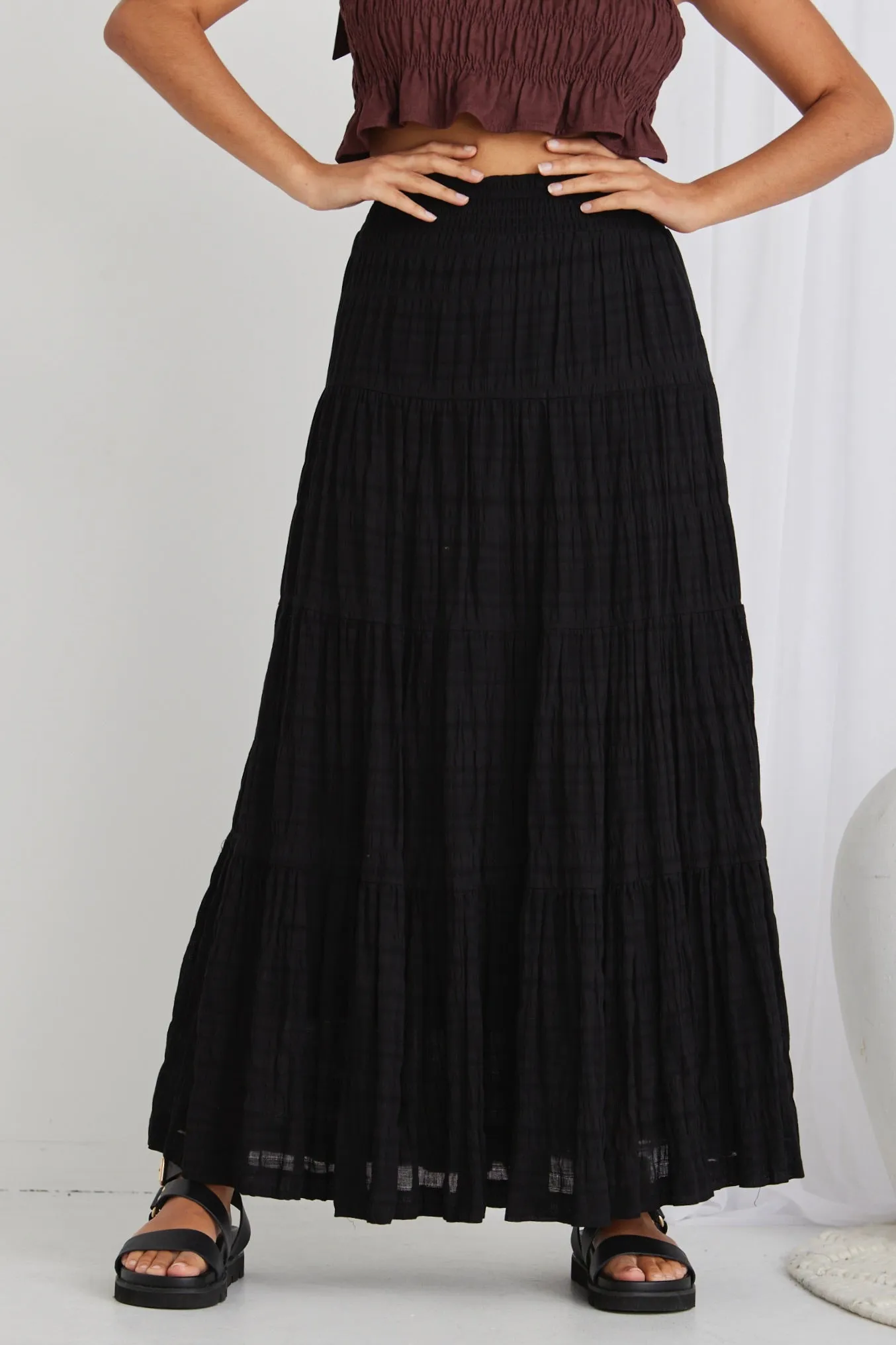 Charming Black Shirred Cotton Tiered Maxi Skirt