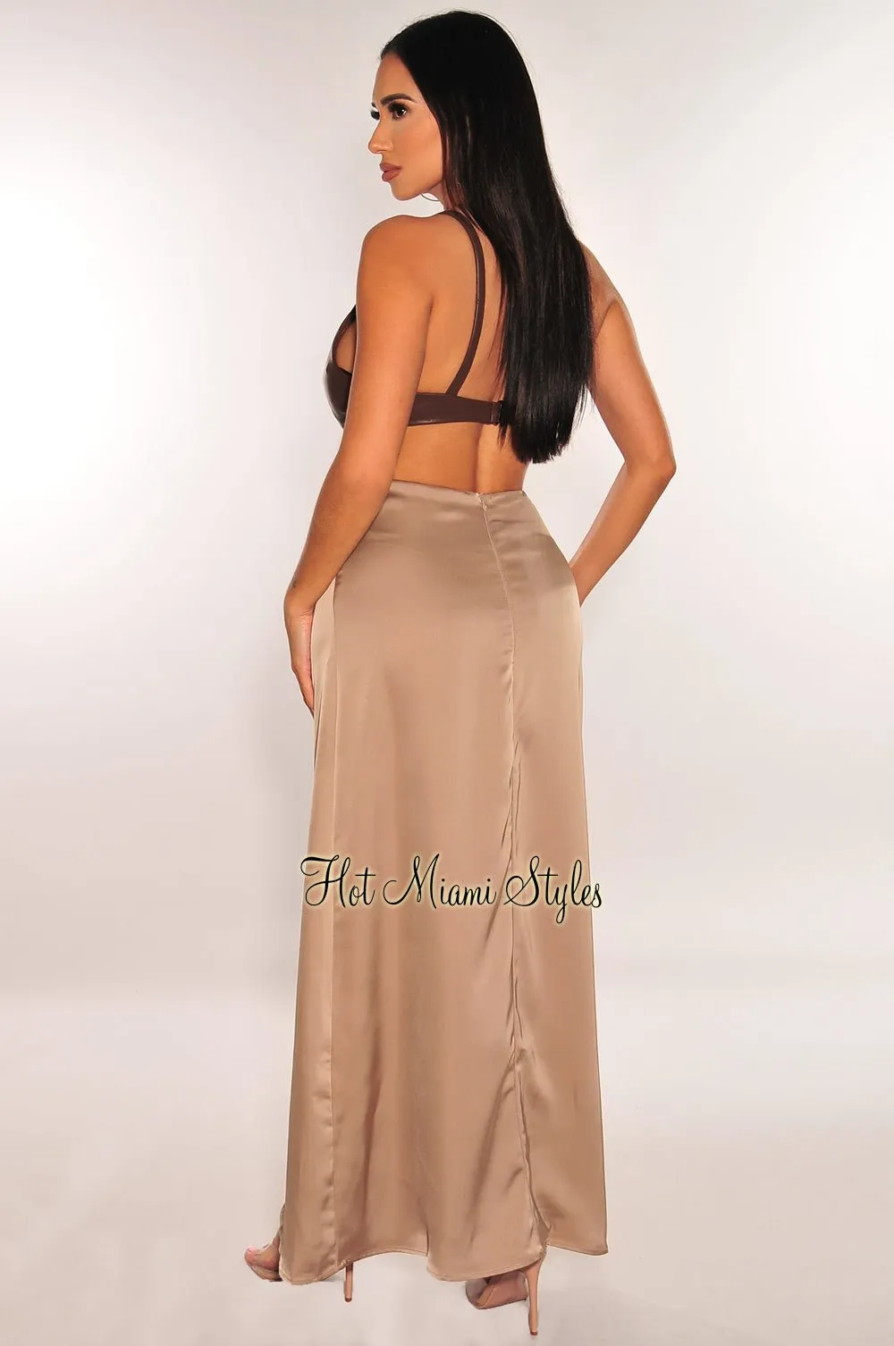 Chocolate Faux Leather Latte Silk Sleeveless O-Ring Cut Out Maxi Dress