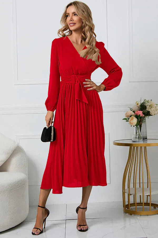 Cristina Flowy Belt Wrap Pleated Midi Dress