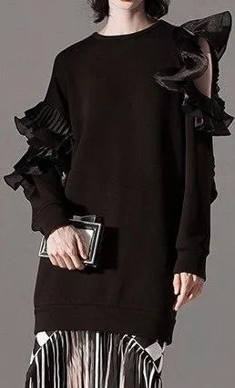 Cut-Out Long Ruffled Sweatshirt - Black or White