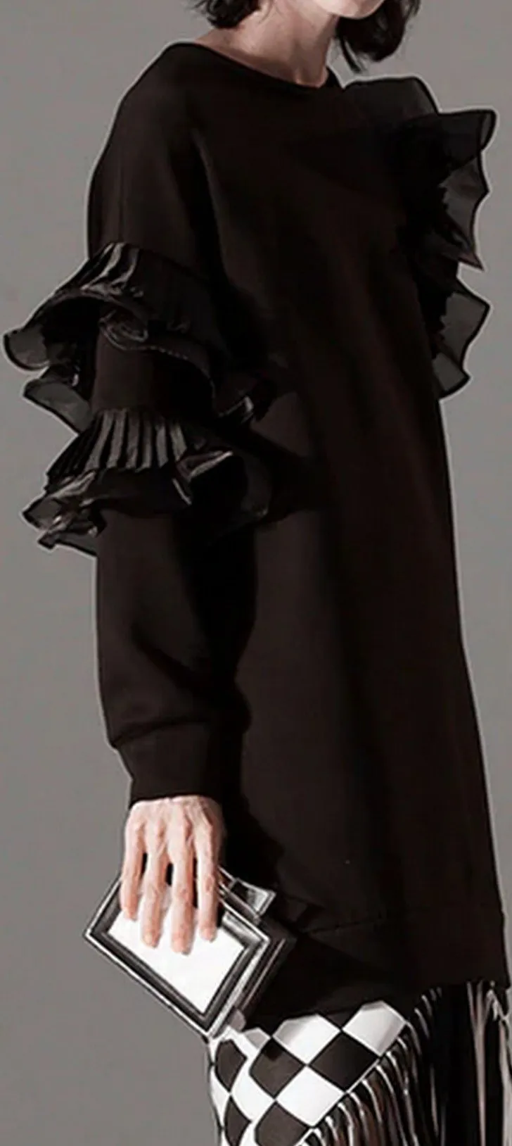 Cut-Out Long Ruffled Sweatshirt - Black or White