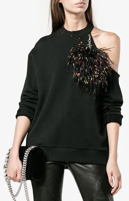 Cut-Out Pom Pom Sweatshirt