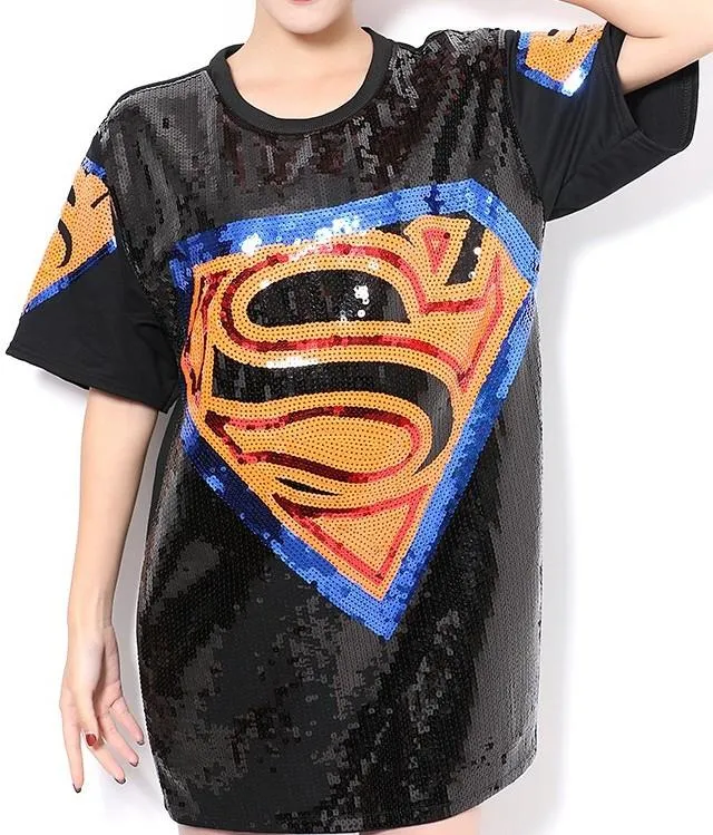 Embellished Superhero Logo T-Shirt in Black