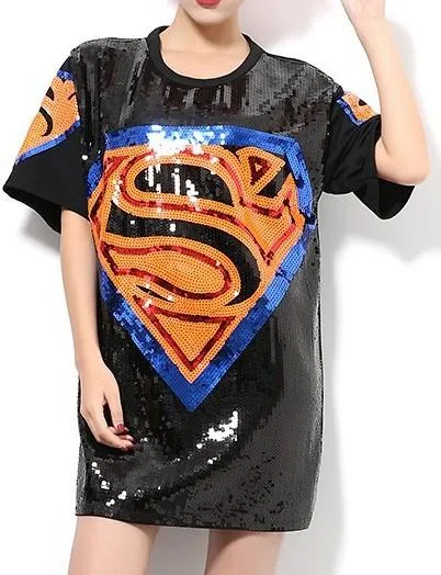 Embellished Superhero Logo T-Shirt in Black