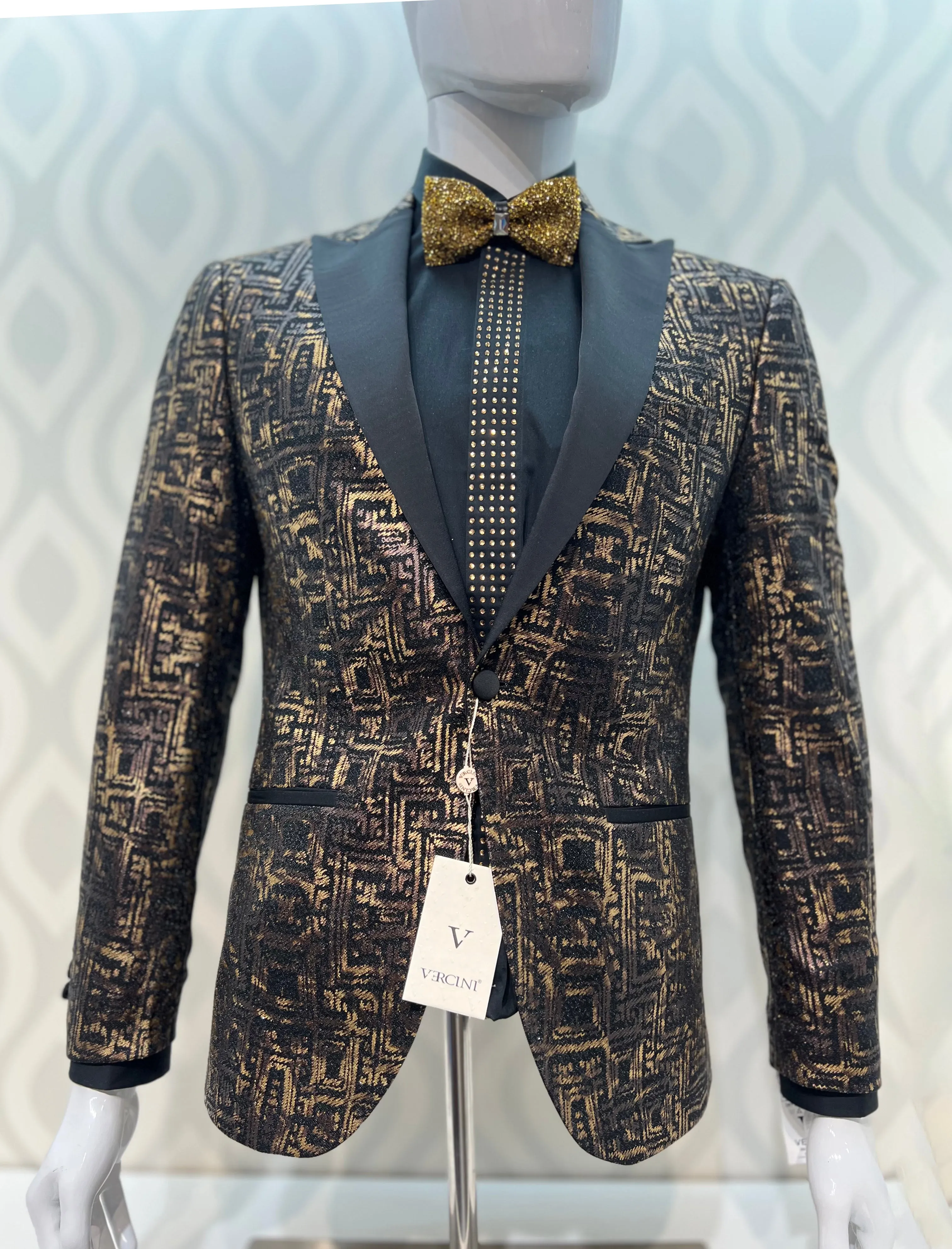 Exquisite Gold Square Pattern Black Tuxedo with Silk Lapel