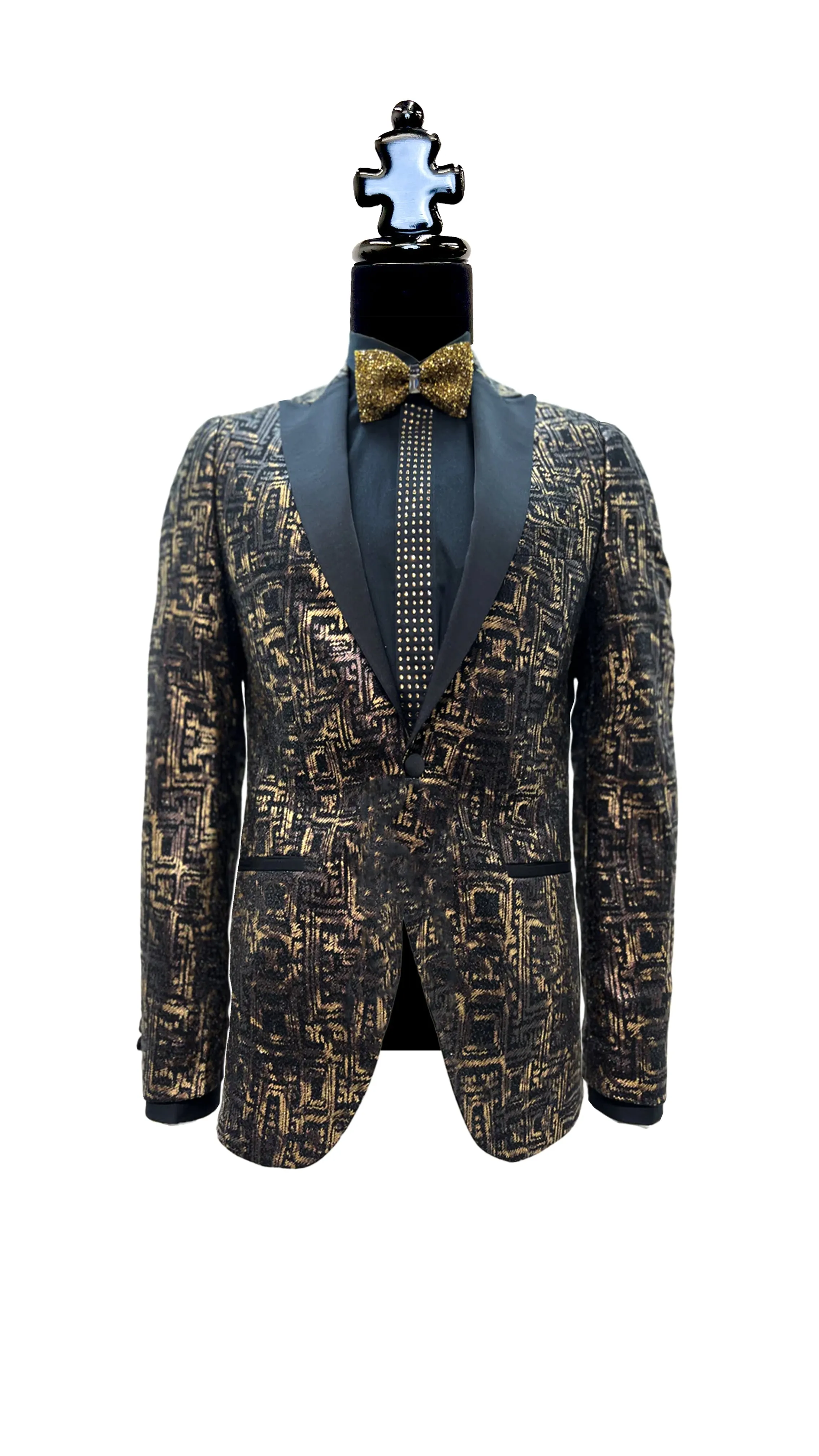 Exquisite Gold Square Pattern Black Tuxedo with Silk Lapel