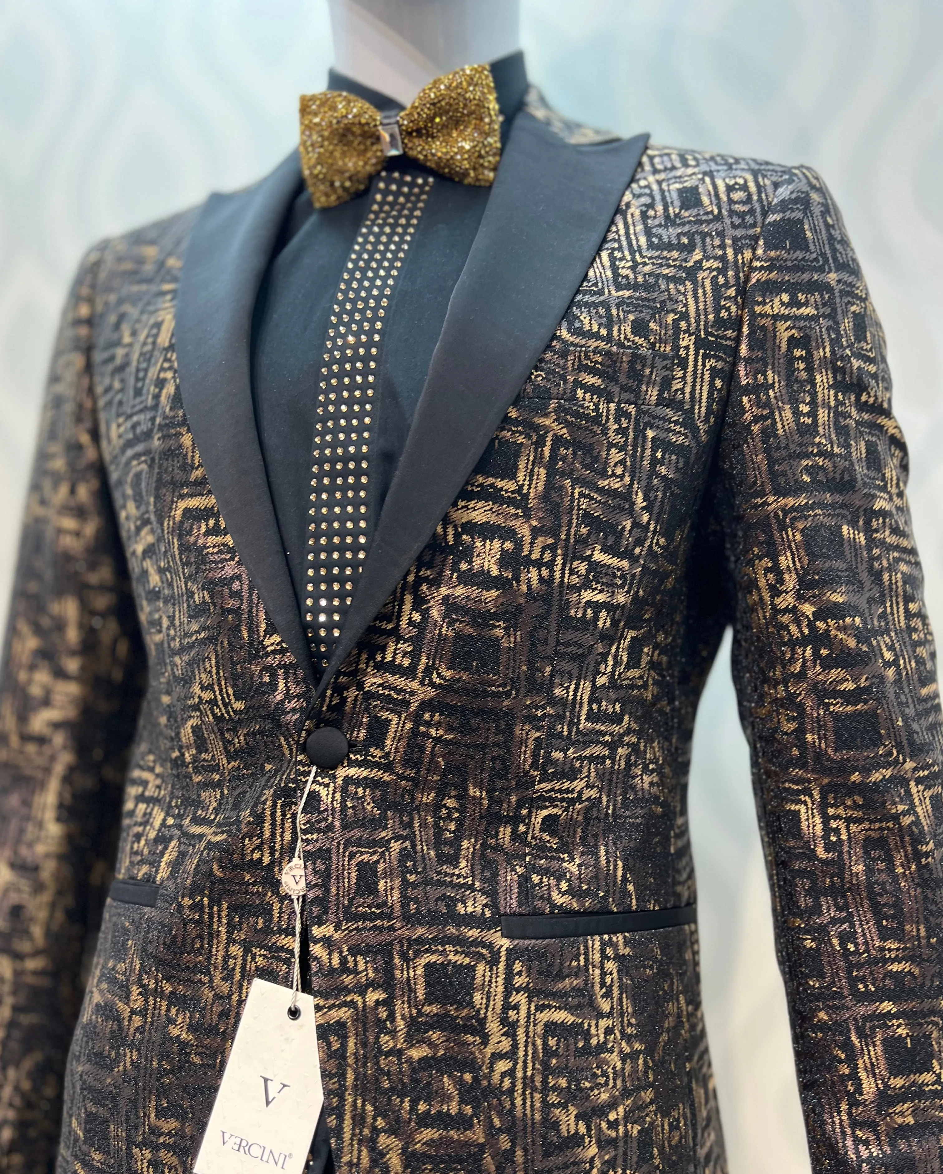 Exquisite Gold Square Pattern Black Tuxedo with Silk Lapel