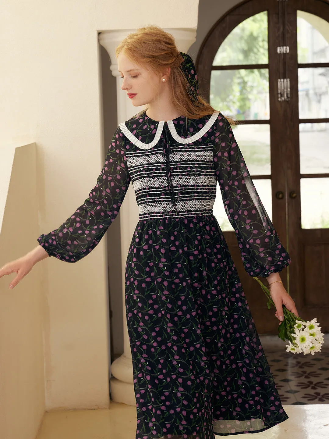 【Final Sale】Alisson Peter Pan Collar Lace-up Floral Print Dress