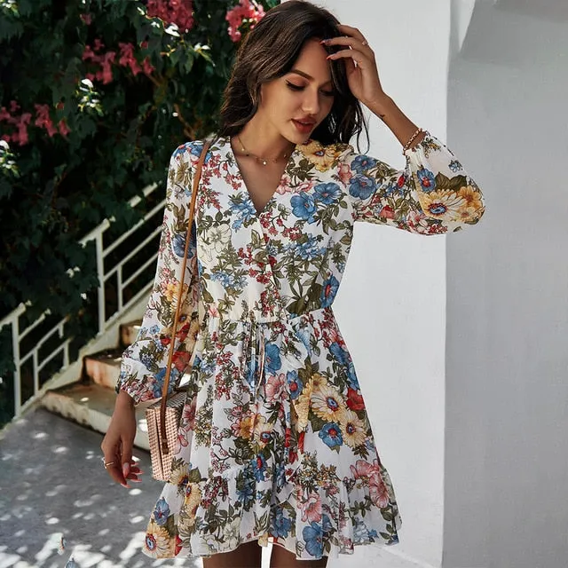 Floral Print Ruffle Retro Dress