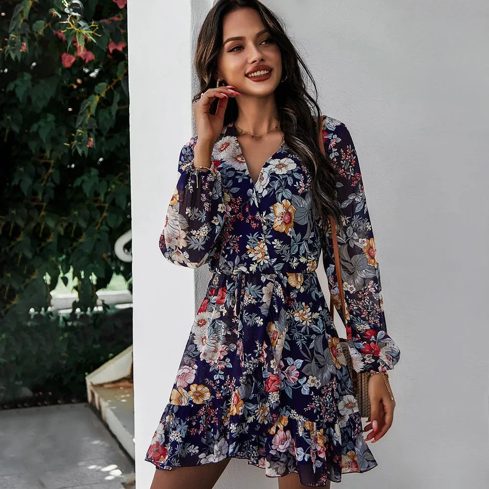 Floral Print Ruffle Retro Dress