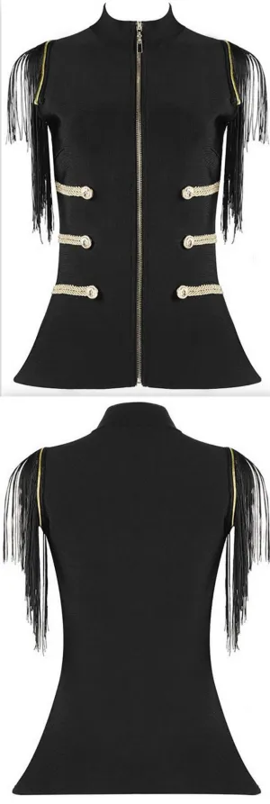 Fringed-Sleeve Military Style Elasticated Top