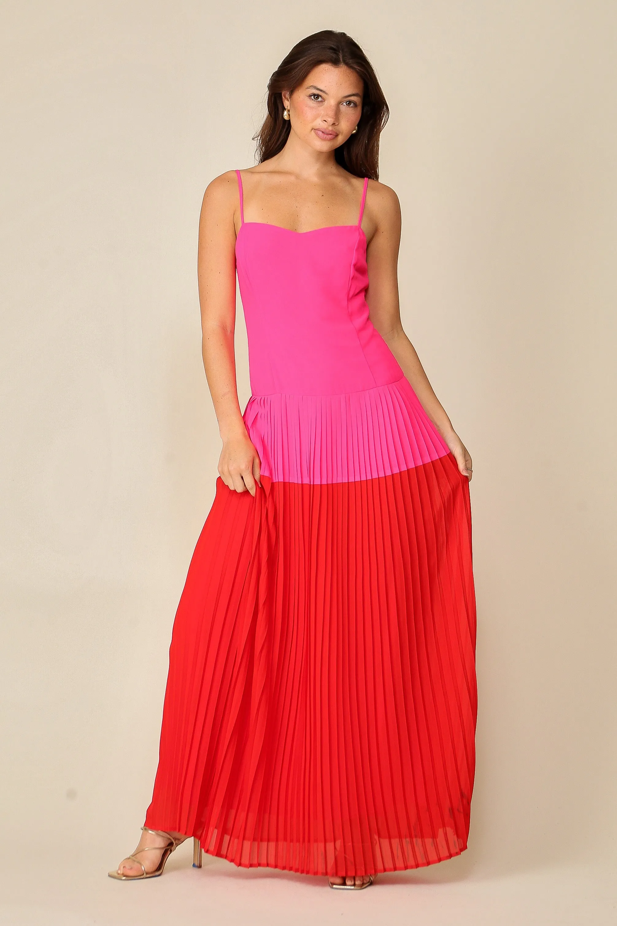 Fuchsia/Red Midi Color Blocked Dress