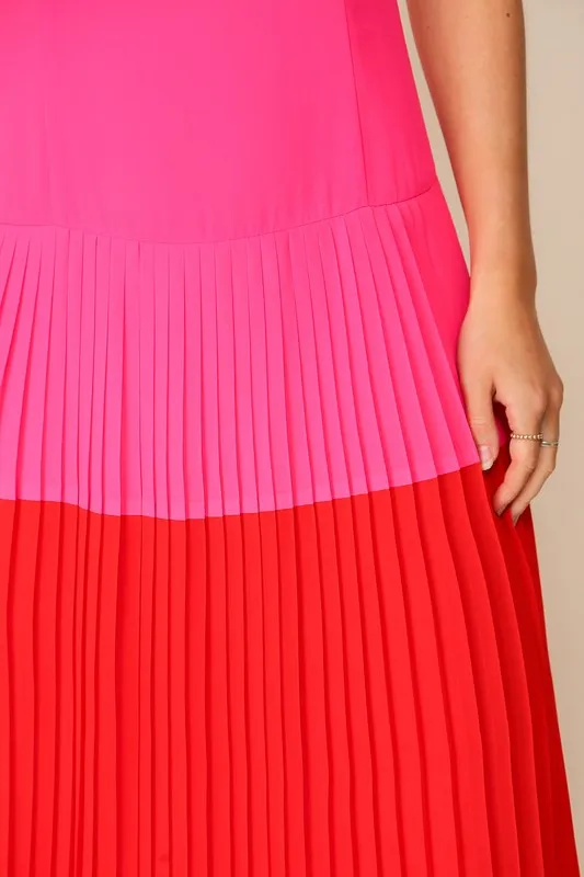 Fuchsia/Red Midi Color Blocked Dress