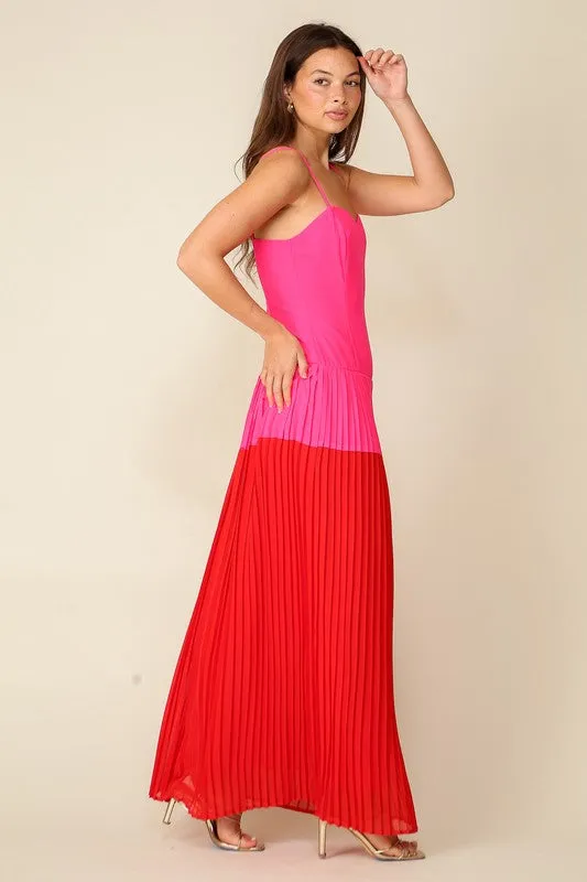 Fuchsia/Red Midi Color Blocked Dress