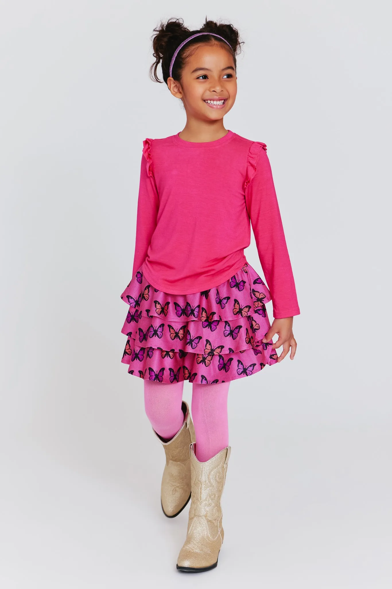 Girls Tiered Skirt in Pink Halftone Butterfly